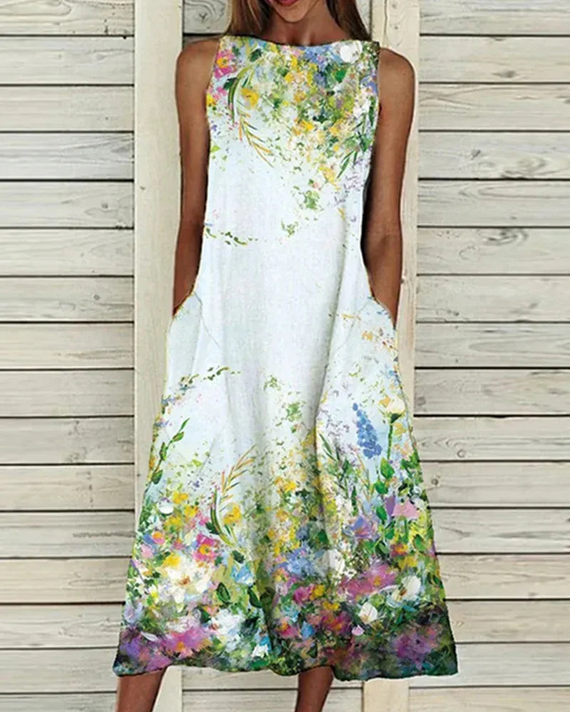Dress for Women – Sleeveless Midi Length – Relaxed Fit – Breathable Fabric – Floral Details