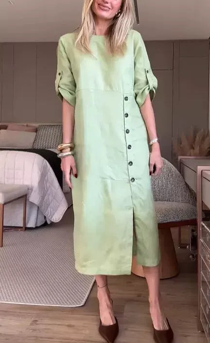 Women's Midi Dress – Relaxed Fit – Linen Cotton – Short Sleeves – Side Buttons