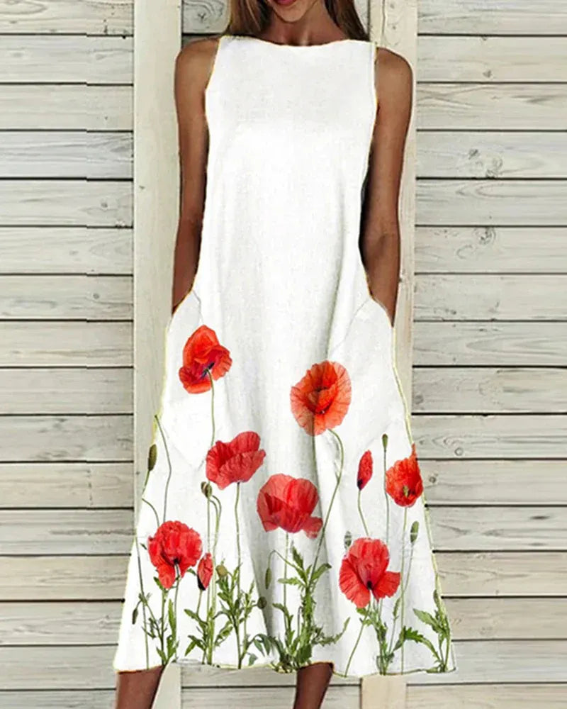 Dress for Women – Sleeveless Midi Length – Relaxed Fit – Breathable Fabric – Floral Details