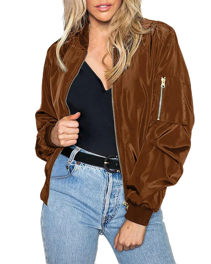 Women's Bomber Jacket – Relaxed Fit – Smooth Water-Repellent Fabric – Zipper Closure