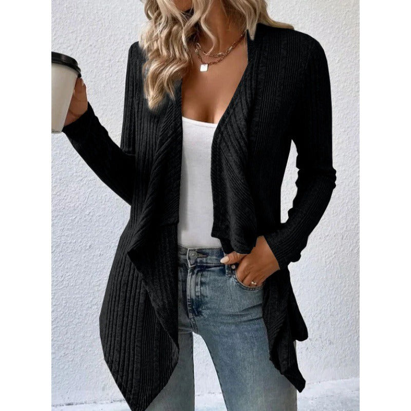 Women's Cardigan – Wool Blend – Relaxed Fit – Ribbed Knit – Open Draped Front