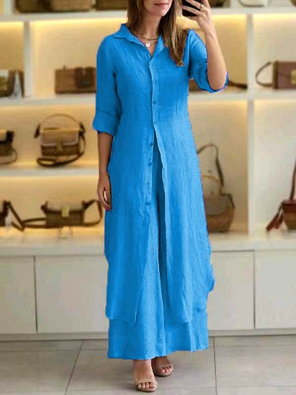 Women's Set with Shirt and Wide Pants – Relaxed Fit – Breathable Cotton