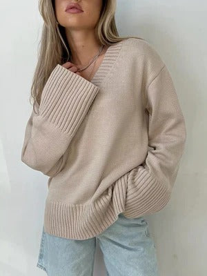 Women's Sweater with V-neck – Soft Knit – Relaxed Fit – Ribbed Details – Long Sleeves