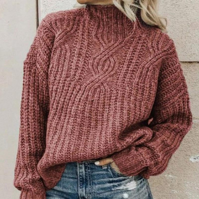 Women's Sweater – Relaxed Fit – Wool Feel – Thick Cable Knit – High Neck