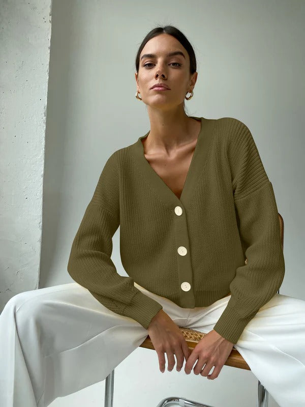 Women's Cardigan – Relaxed Fit – Rib Knit – V-Neck – Buttons – Rolled-Up Sleeves