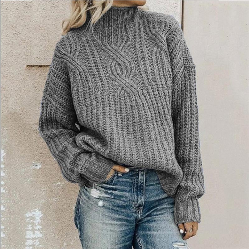 Women's Sweater – Relaxed Fit – Wool Feel – Thick Cable Knit – High Neck