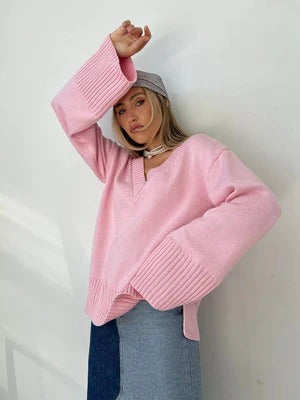 Women's Sweater with V-neck – Soft Knit – Relaxed Fit – Ribbed Details – Long Sleeves