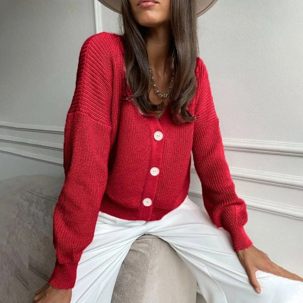 Women's Cardigan – Relaxed Fit – Rib Knit – V-Neck – Buttons – Rolled-Up Sleeves