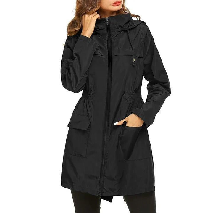 Women's Rain Jacket – Water-Repellent Lightweight Fabric – Adjustable Hood – Mid-Thigh Length