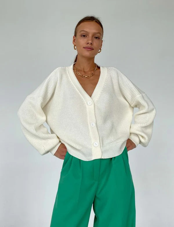 Women's Cardigan – Relaxed Fit – Rib Knit – V-Neck – Buttons – Rolled-Up Sleeves