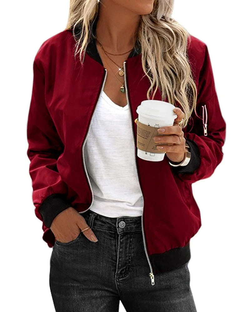 Women's Bomber Jacket – Relaxed Fit – Smooth Water-Repellent Fabric – Zipper Closure
