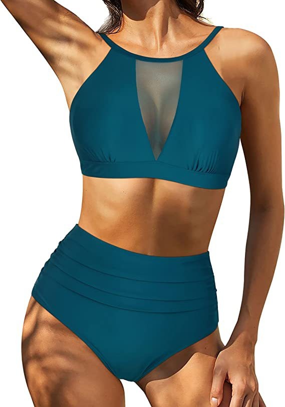 Women's Bikini Set – High Waist – Lace-Up Back – Halterneck with Cut-Out – Breathable Fabric