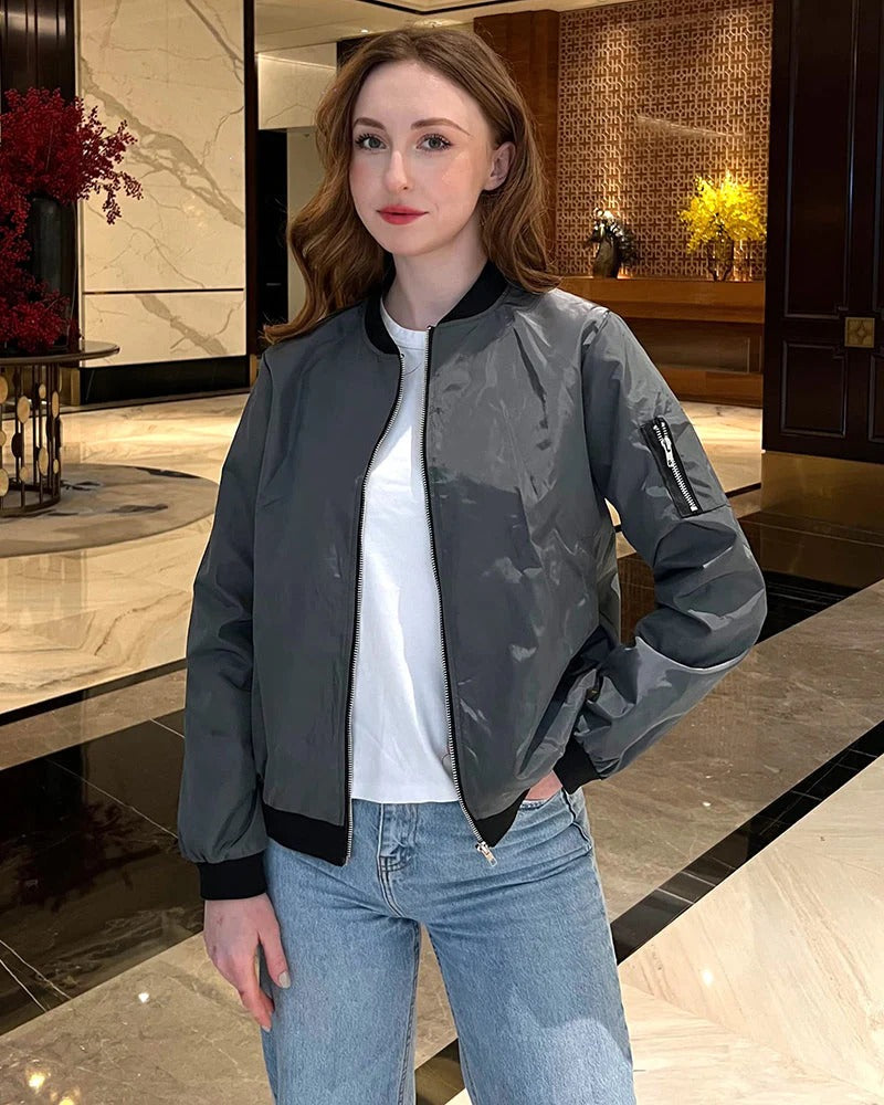 Women's Bomber Jacket – Relaxed Fit – Smooth Water-Repellent Fabric – Zipper Closure