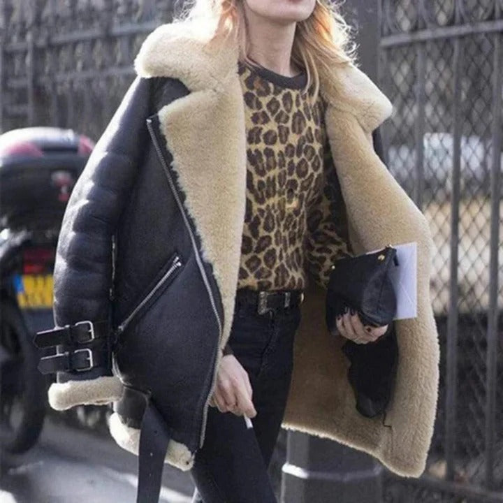 Women's Jacket – Oversized Fit – Suede Appearance – Fur Lined – Asymmetric Zipper – Buckle Details
