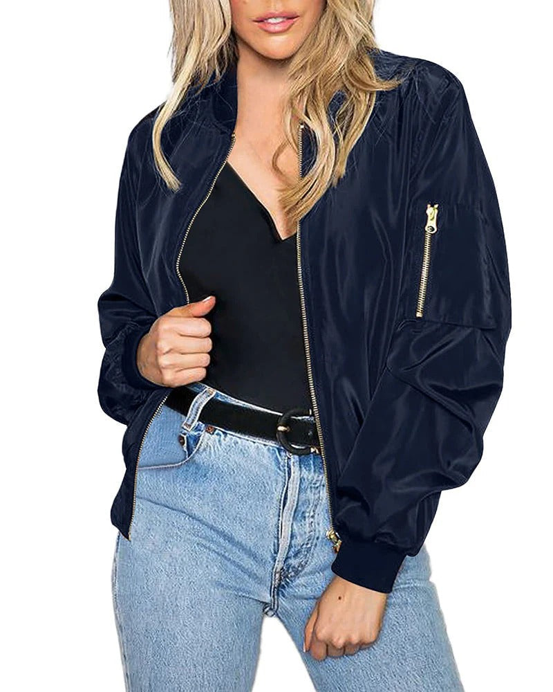 Women's Bomber Jacket – Relaxed Fit – Smooth Water-Repellent Fabric – Zipper Closure