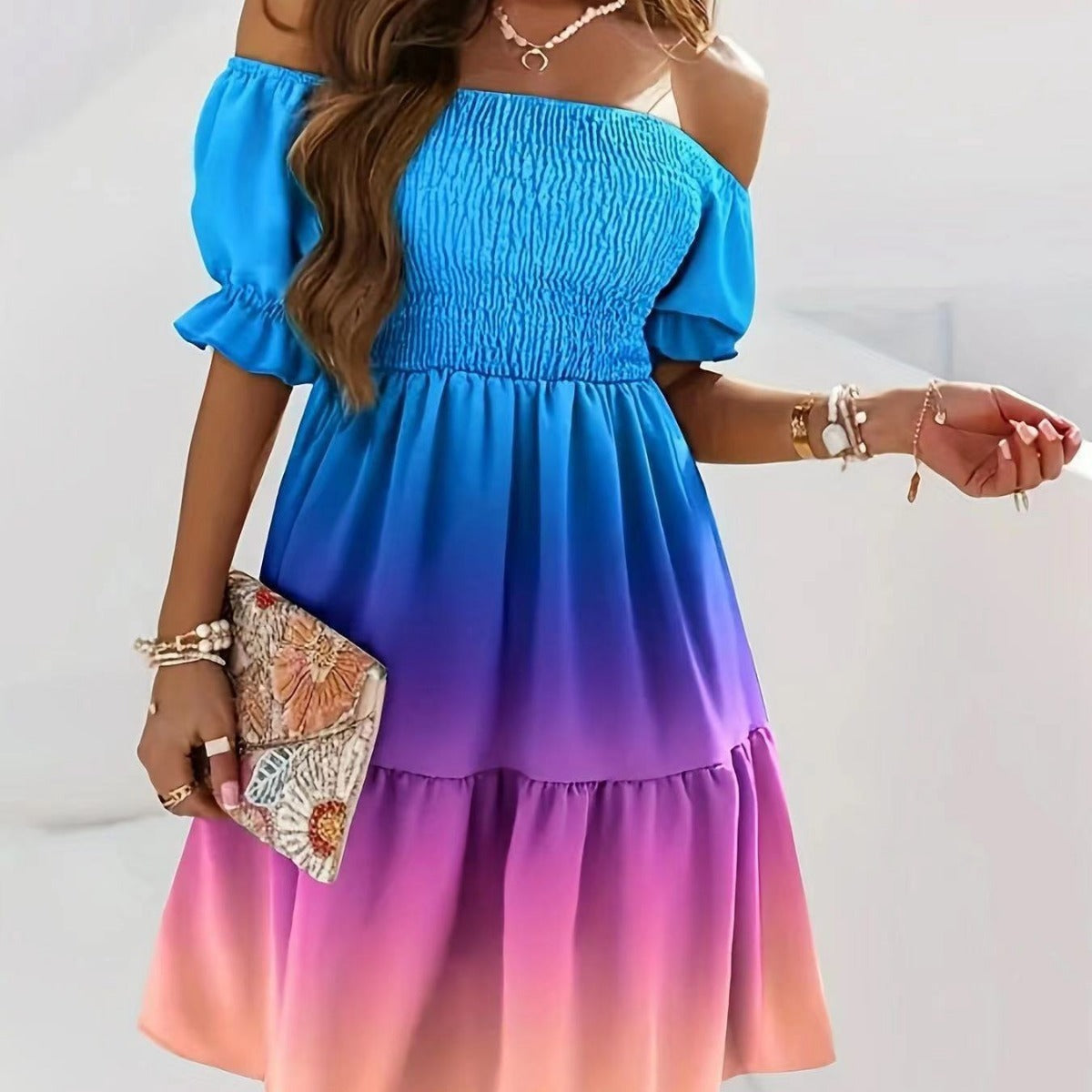 Dress for Women – One-Shoulder – A-Line Fit – Ruffled Sleeve – Printed Pattern