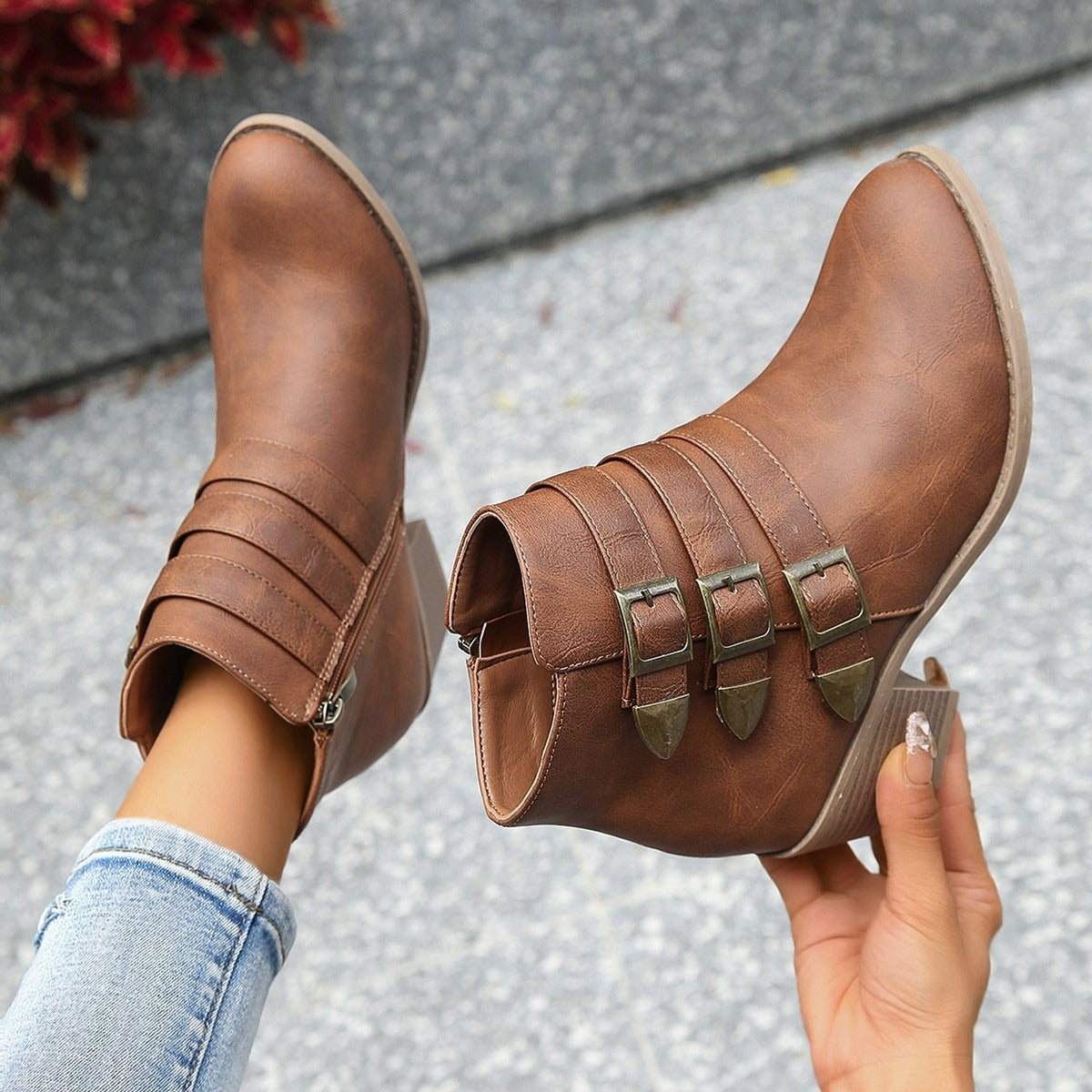 Women's Ankle Boots – Structured Fit – Block Heel – Vintage Buckle Details