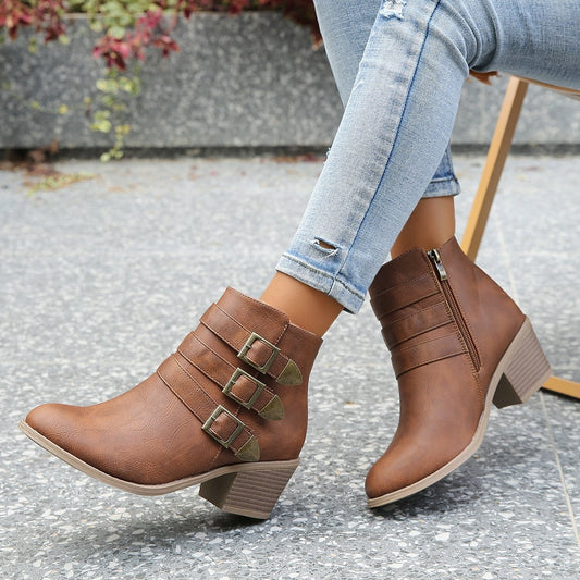 Women's Ankle Boots – Structured Fit – Block Heel – Vintage Buckle Details
