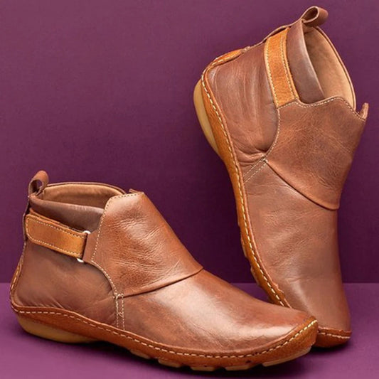 Women's Ankle Boots – Leather – Round Toe – Strap Detail – Breathable Comfort Fit
