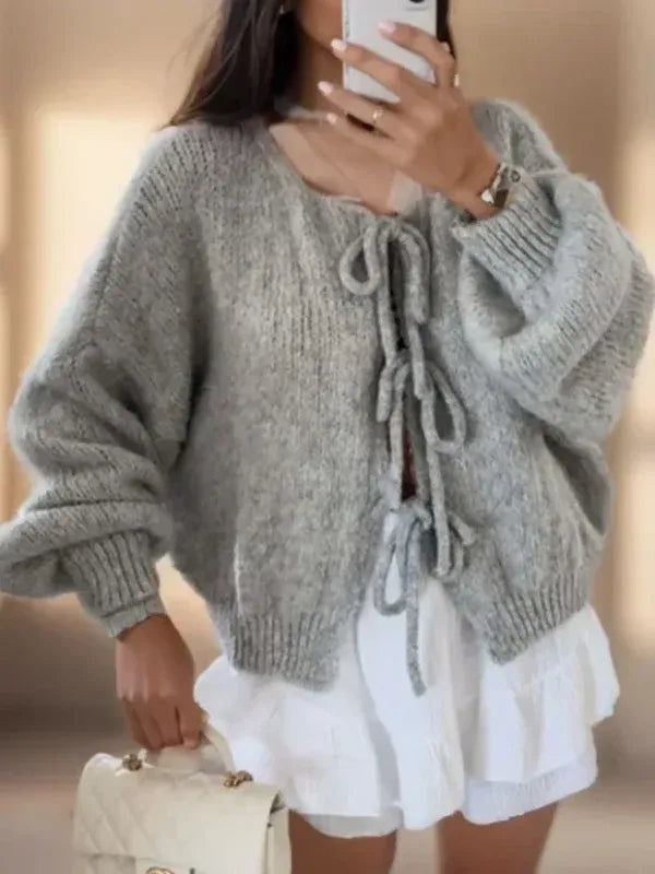Women's Cardigan – Oversized Fit – Wool Knit – Balloon Sleeves – Tie Details