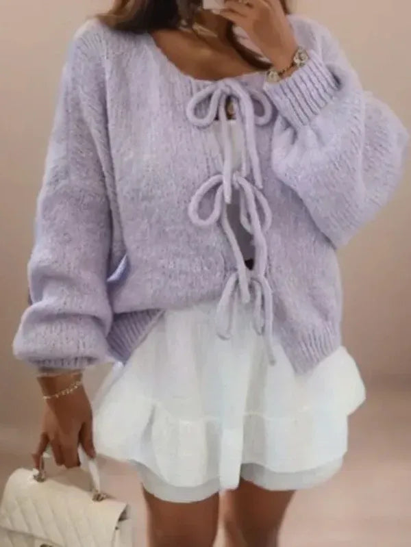 Women's Cardigan – Oversized Fit – Wool Knit – Balloon Sleeves – Tie Details