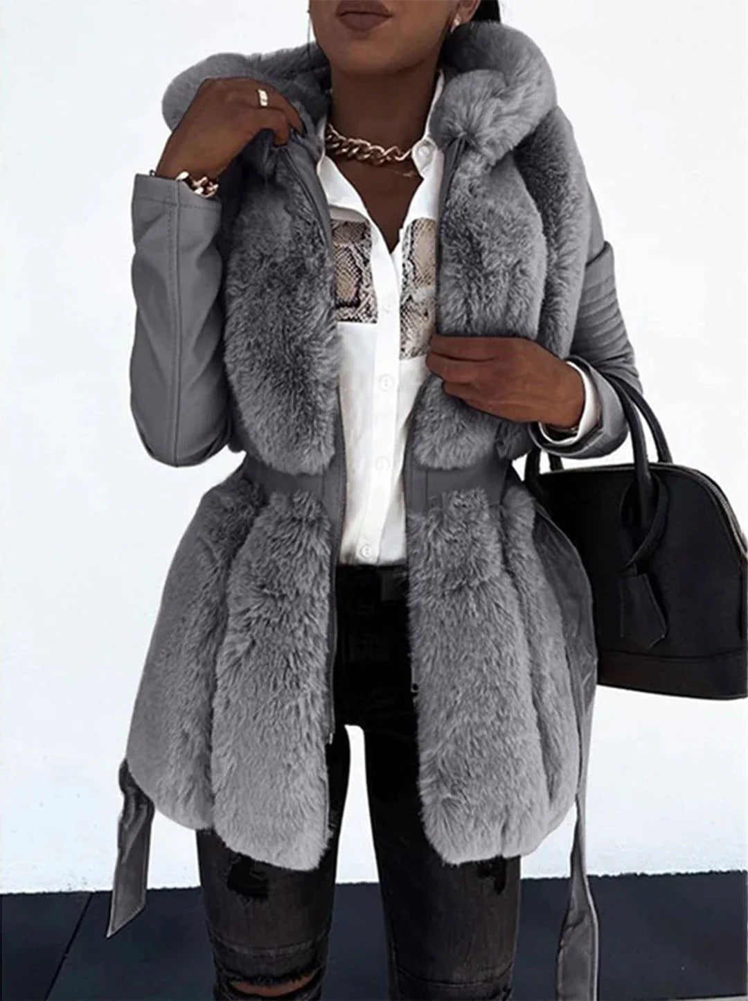 Women's Jacket – Tailored Fit – Belt at the Waist – Faux Fur and Quilted Sleeves