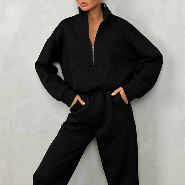 Women's Tracksuit – Relaxed Fit – High Neck Zipper – Elastic Waist – Cotton Blend