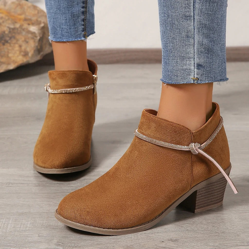 Women's Ankle Boots – Suede Look – Adjustable Detail – Chunky Heel – Zipper