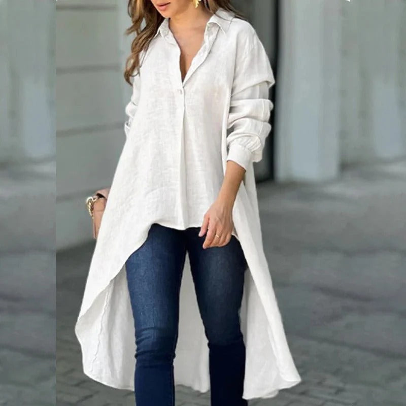 Women's Blouse – Relaxed Fit – Long Sleeve – High-Low Hem – Soft Cotton Blend