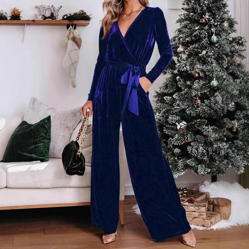Women's jumpsuit – tailored fit – velour – V-neck – long sleeves – wide legs