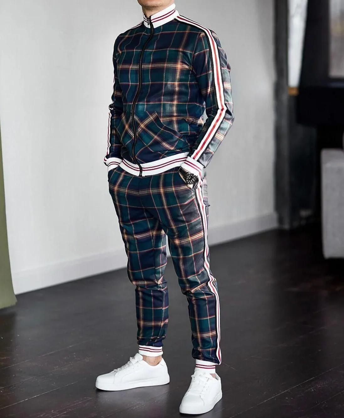 Men's Tracksuit – Slim Fit – Zip Jacket with Stripes – Tapered Pants