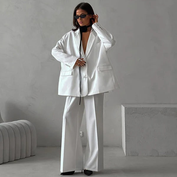 Women's Blazer Set – Oversized Fit – Wide Trousers – Classic Cut – Formal Style