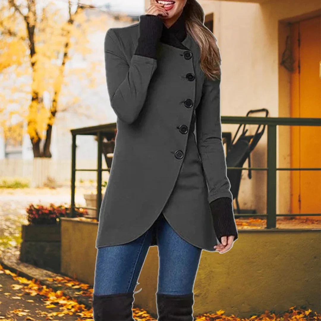 Women's Jacket – Tailored Fit – Wool Blend – Asymmetric Buttoning – High Collar – Mid-Thigh Length