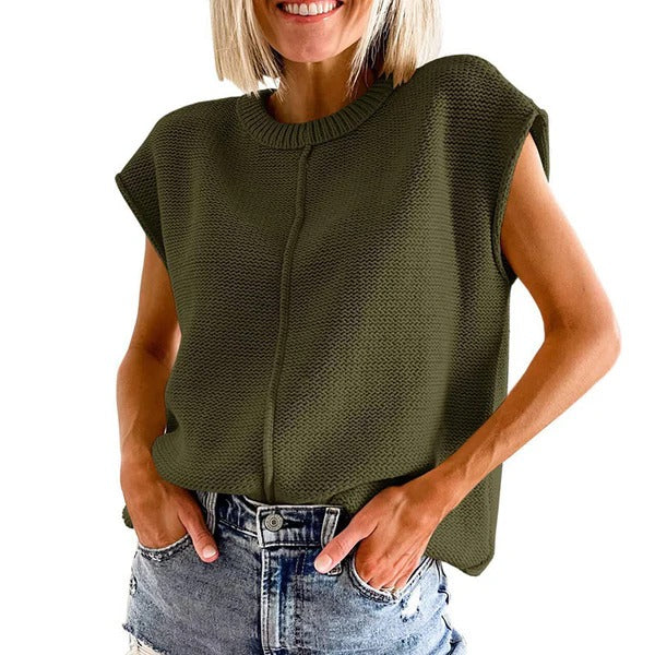 Women's Knitted Top – Relaxed Fit – Sleeveless – Ribbed Neck – Casual
