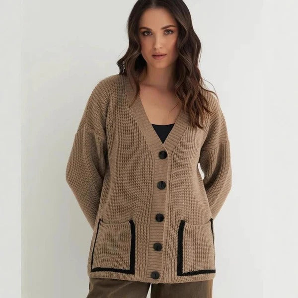 Women's Cardigan – Knitted – Relaxed Fit – Deep V-neck – Trimmed Pockets