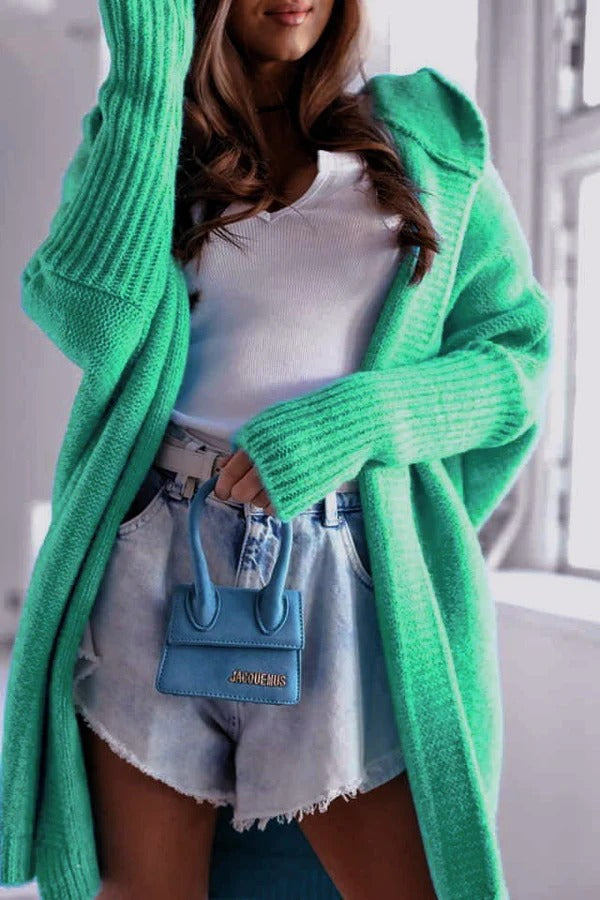 Women's Cardigan – Knitted – Oversized Fit – Hood – Open Front – Ribbed Details