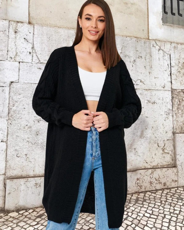 Women's Coat – Knitted Wool – Oversized Fit – Cable Knit Sleeves – Open Front