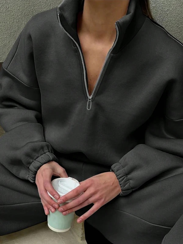 Women's Sweater – Oversized Fit – High Neck with Short Zipper – Soft Cotton Feel