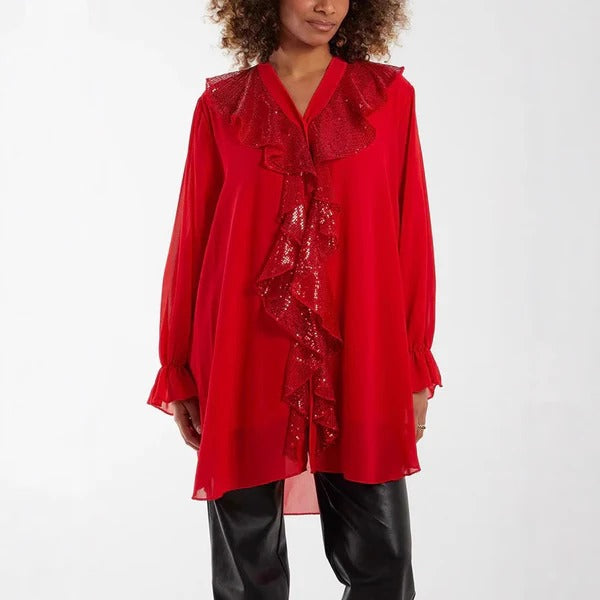 Women's Blouse – Transparent Fabric – Relaxed Fit – Long Sleeves – Ruffle with Glitter