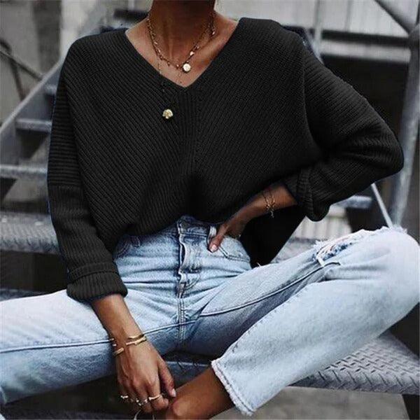 Women's Sweater – Knitted Pullover – Oversized Fit – V-neck – Ribbed Structure