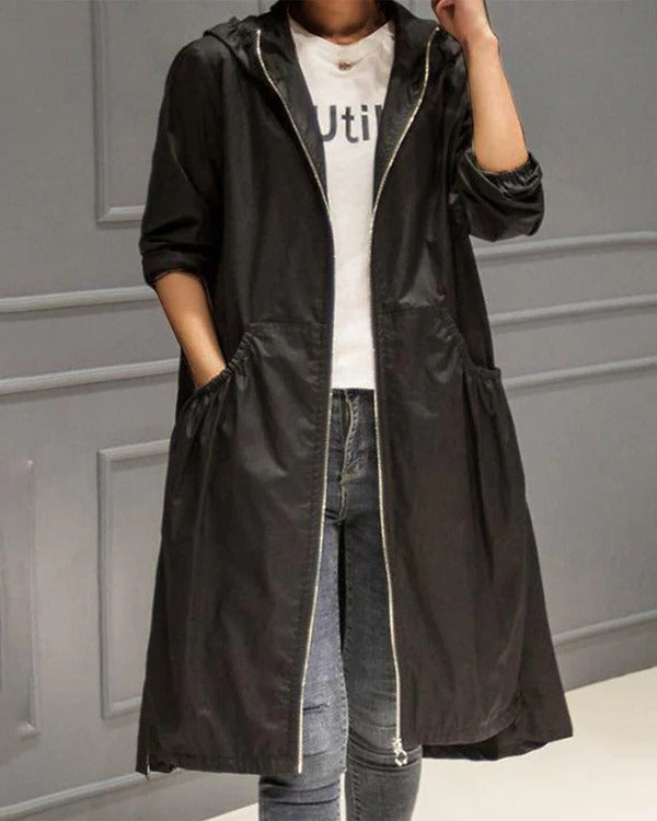Women's Trench Coat – Waterproof Fabric – Relaxed Fit – Full Length with Hood