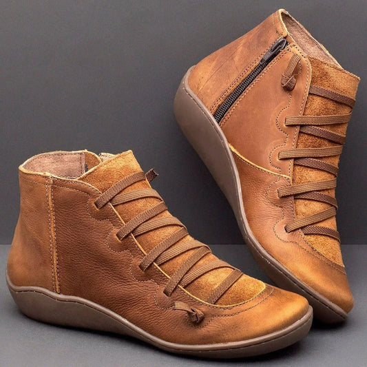 Women's Ankle Boots – Low Heel – Round Toe – Smooth Leather – Lacing and Zipper