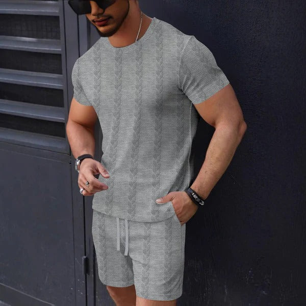 Men's Set with T-shirt and Shorts – Textured Knit – Regular Fit – Drawstring Waist