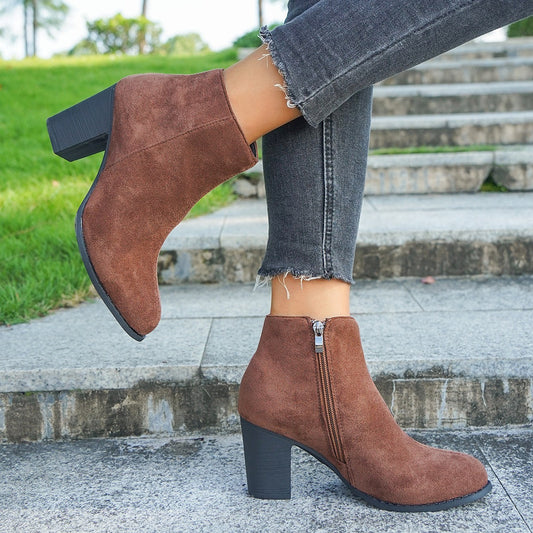 Women's Ankle Boots – Suede Finish – Block Heel – Zipper – Slim Fit