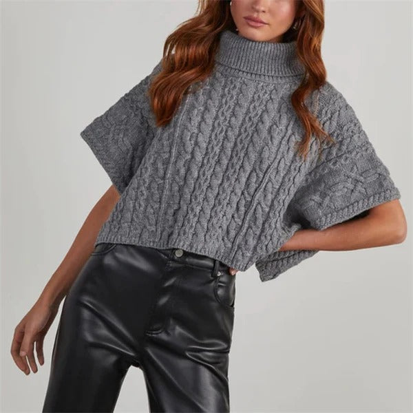 Women's Knit Sweater – Wool – Oversized Fit – High Neck – Cable Knit – Cropped