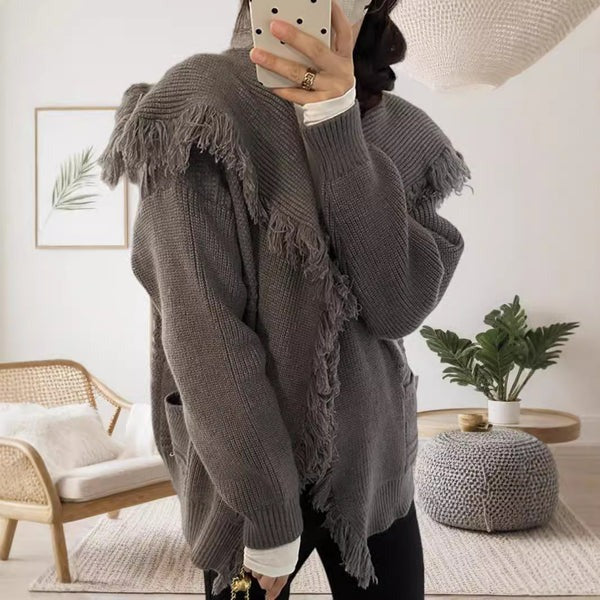 Women's Cardigan – Knitted Material – Oversized Fit – Fringed Edges – Open Front