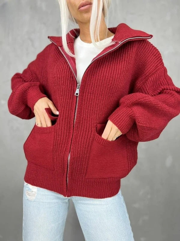Women's Jacket – Knitted Material – Relaxed Fit – Zipper – Flap Pockets
