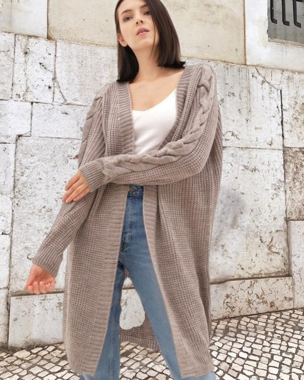 Women's Coat – Knitted Wool – Oversized Fit – Cable Knit Sleeves – Open Front