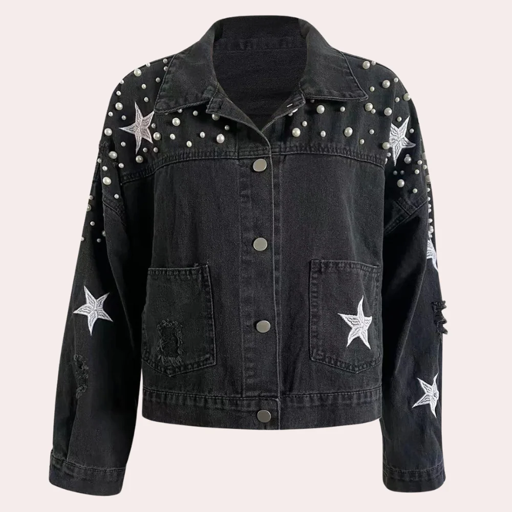 Women's Denim Jacket – Oversized Fit – Short Length – Studded and Distressed Design
