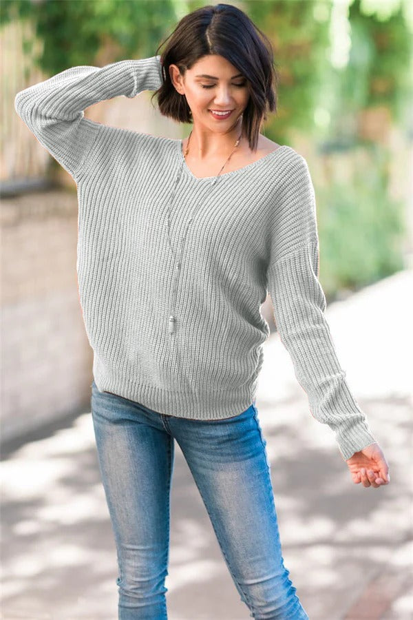Women's Sweater – Relaxed Fit – Wool Blend – Open Back with Twist – Long Sleeves
